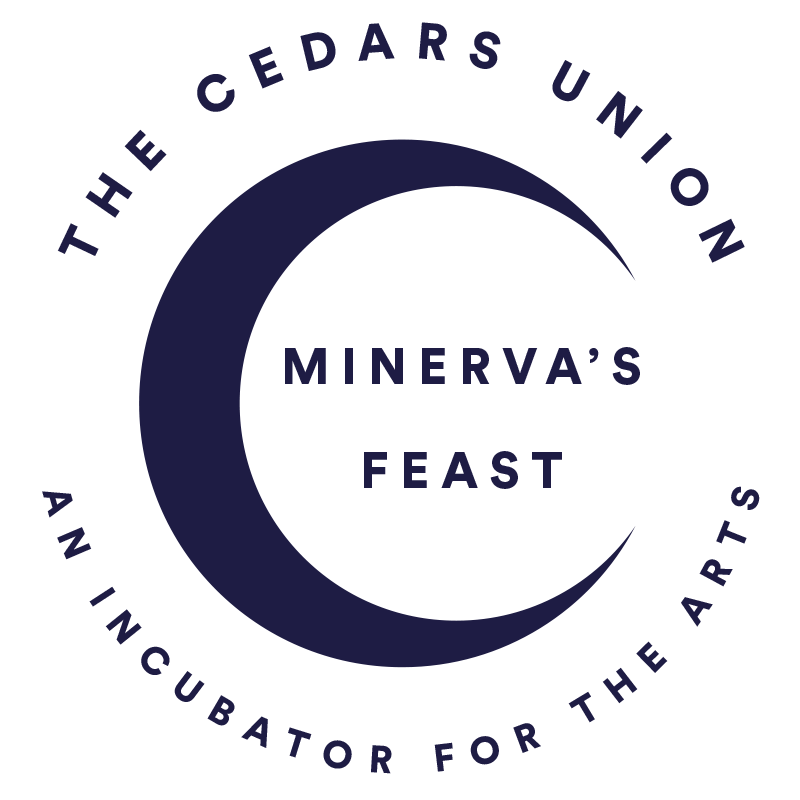 A blue logo for the event Minerva's Feast featuring a waning moon